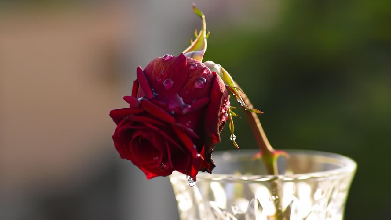 Captivating Beauty of a Dew-Drenched Red Rose in Crystal Glass: A Visual Tribute to Nature's Elegance