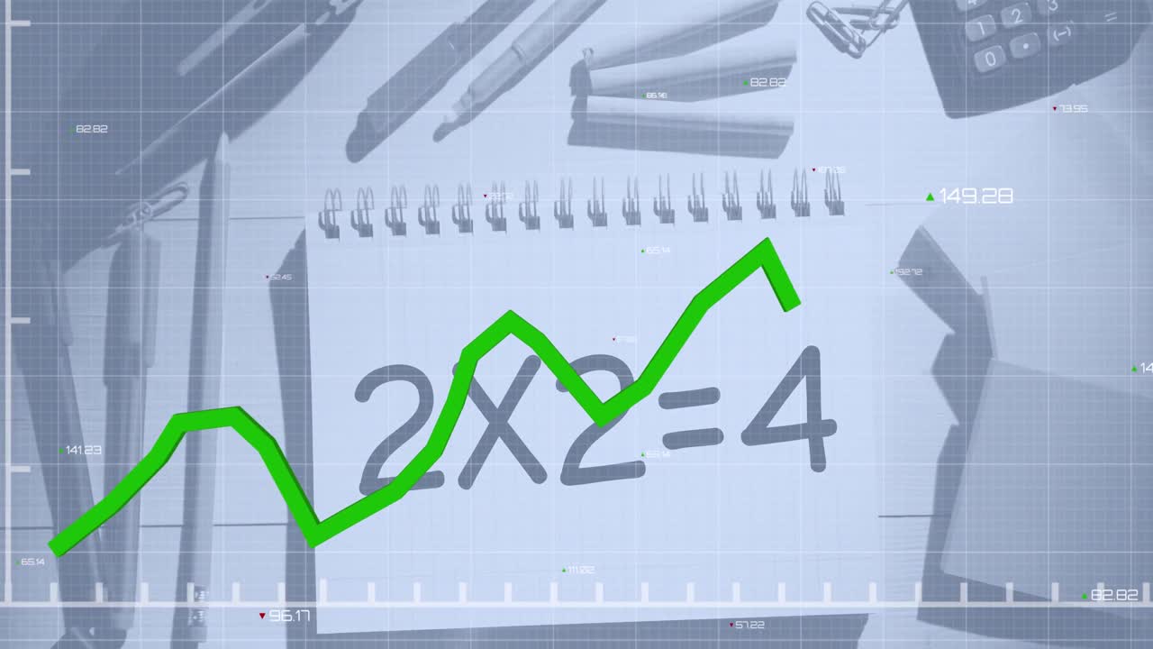 Animation of green graph over notepad with mathematics equation and stationery on table