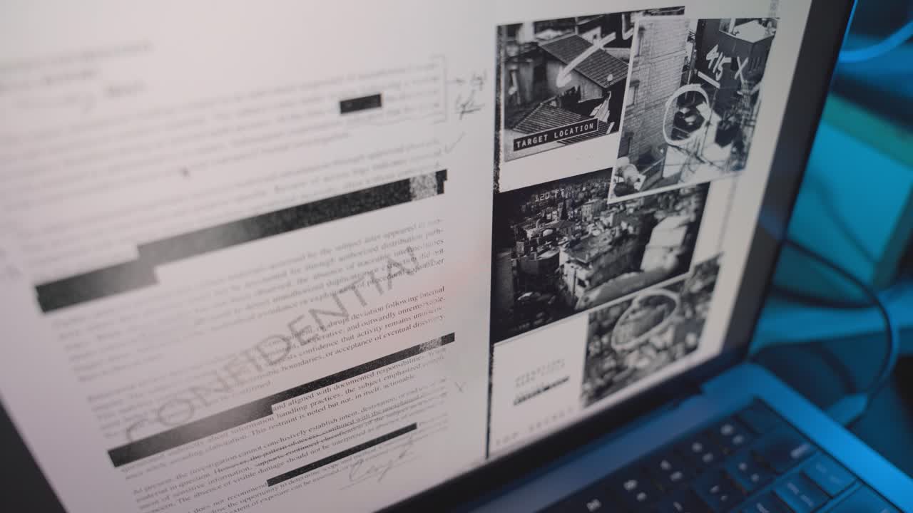 Various classified top secret confidential files appear on laptop screen in dark room in office or home. Security breach stealing sensitive documents or exposing spy surveillance or access to server