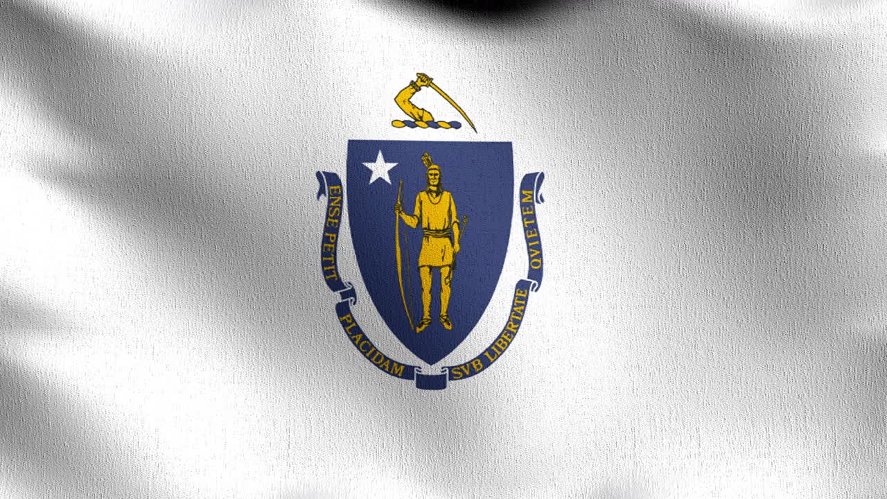 bucle sin costura 4k vdo. bandera del estado de massachusetts en los estados unidos de américa, estados unidos, soplando en el viento aislado. diseño abstracto patriótico oficial. ilustración de renderización 3d del símbolo del signo ondulante.