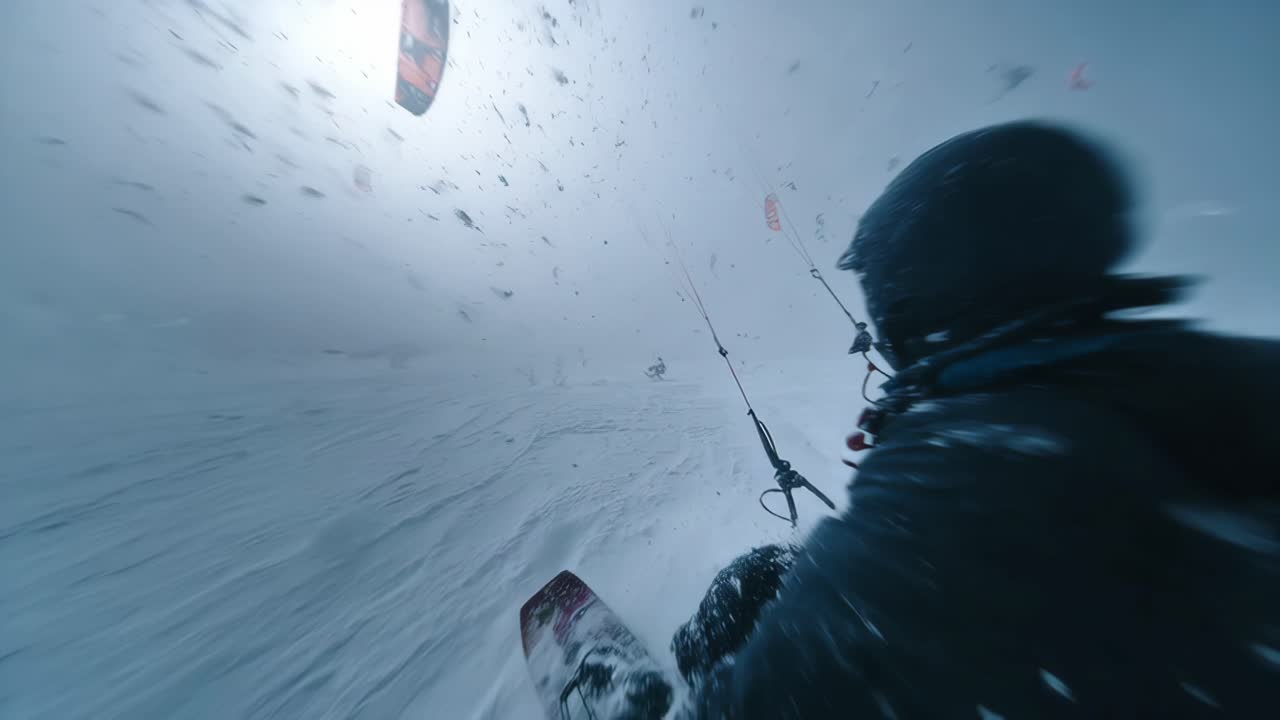 Snowboarder carving down snowy slope with kite in hand