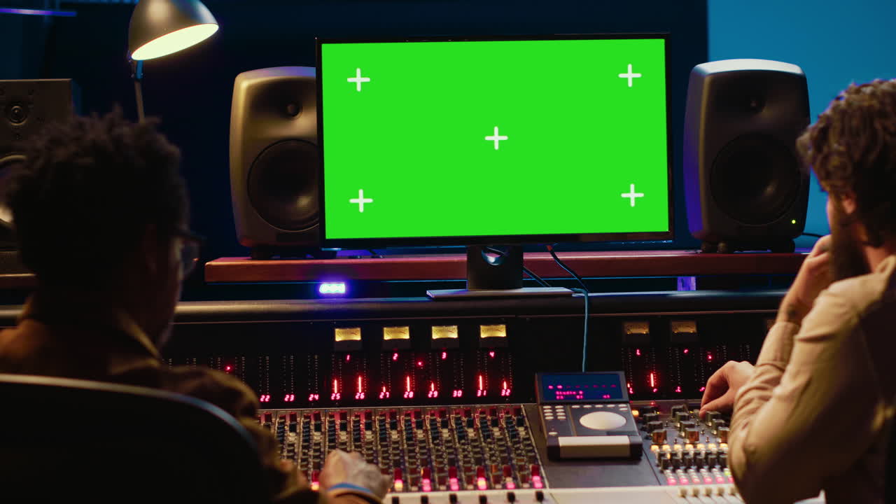 다양한 프로듀서들이 컴퓨터에서 모크업 디스플레이로 트랙을 싱하고 마스터링합니다.