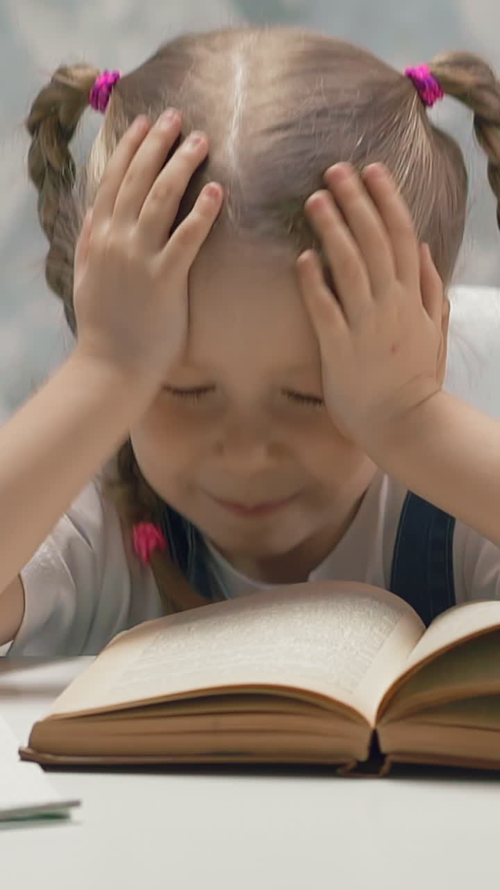 slow motion closeup portrait of little girl student with pigtails blond hair sits home at table learning to read, fail, child throws pencil, grabs taking head with hands, smiles, shakes head thinking