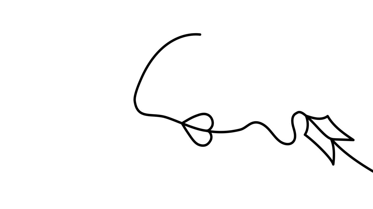 애니메이션 일러스트레이션: 연속 1 라인 추상적인 사랑의 상징, 화살표가 있는 심장, 손으로 그린 미니멀한 스타일, 4k 비디오