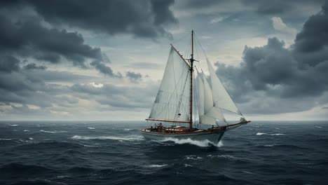 a majestic sailing vessel racing through turbulent waters under dramatic cloudy skies, capturing the spirit of adventure and the beauty of the ocean