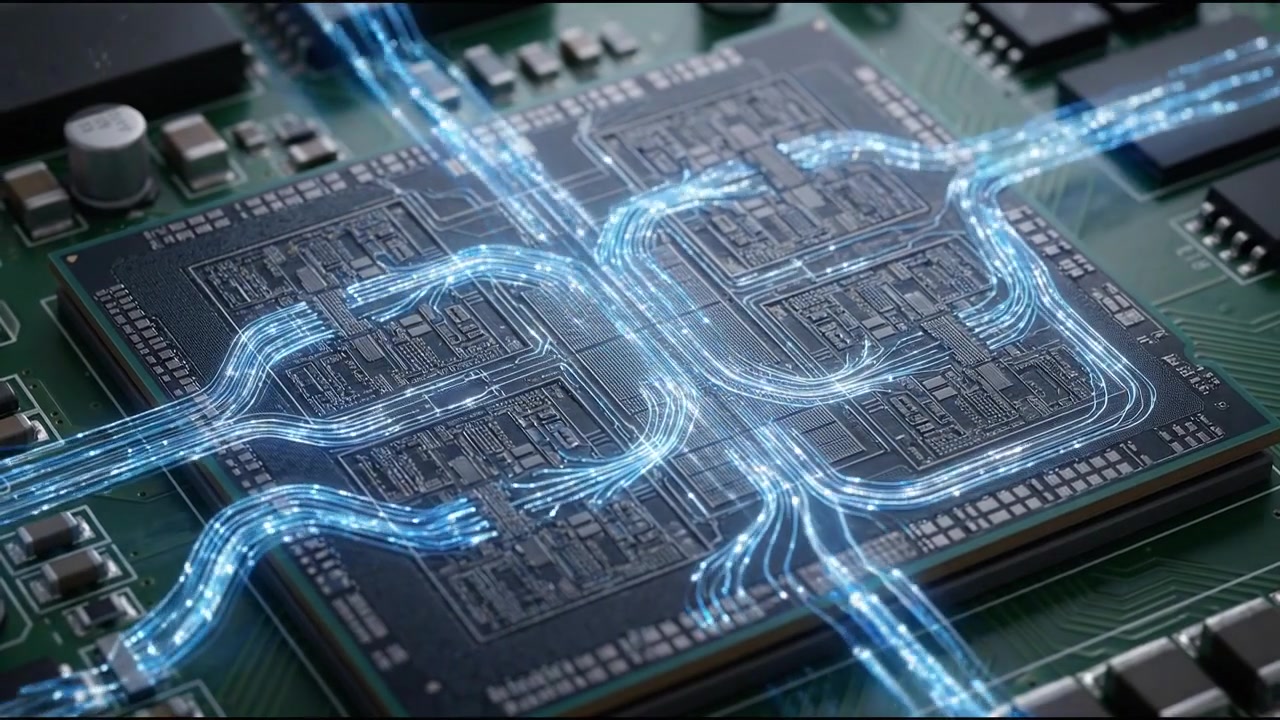 High technology flowing blue data waves crossing a dark technology landscape