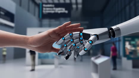 human and robot hand connection in a museum