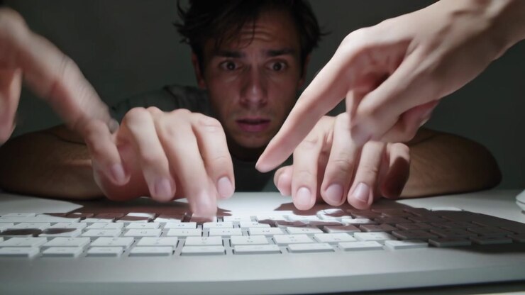 Uomo appoggiato con maglietta chiara, mani sulla tastiera alla scrivania, mani aggiuntive che digitano, premendo i tasti.