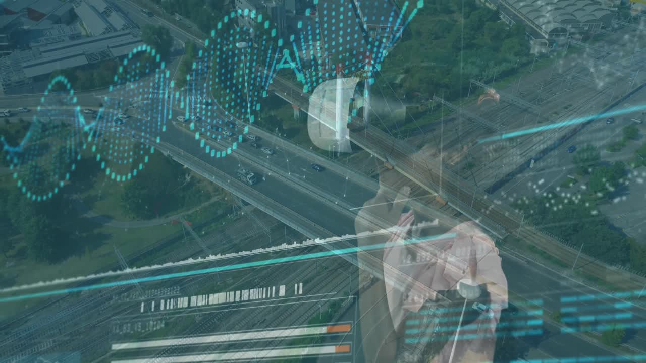 animación del procesamiento de datos sobre una chica biracial usando auriculares vr y paisaje urbano