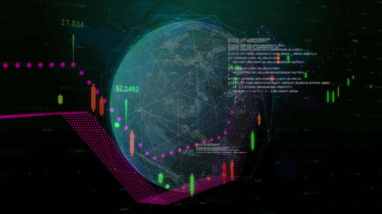 animación del procesamiento de datos sobre globo y diagrama