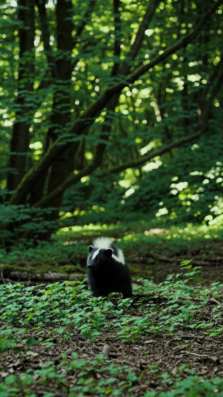 Mofetta Striata in Cerca di Cibo in una Foresta Verde Lussureggiante