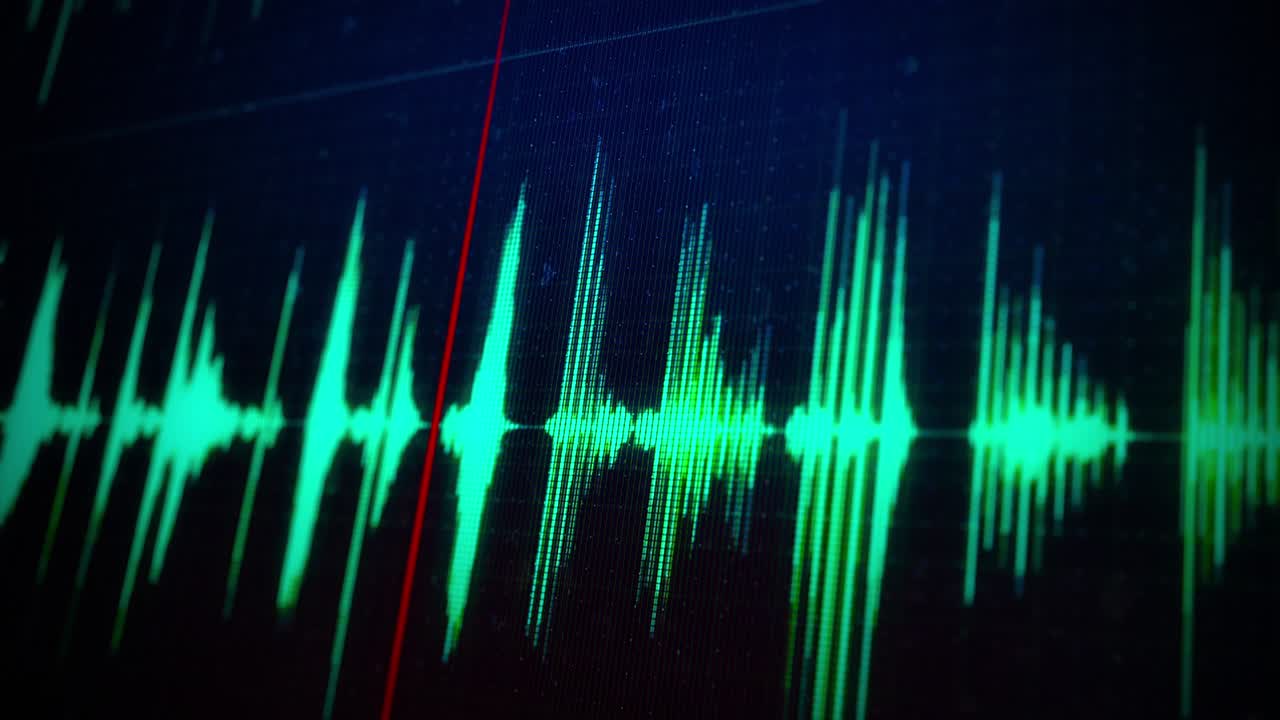 ondas de audio verdes en una pantalla de computadora animación generada por computadora diseño de ondas de sonido espectro de audio o visualización de grabación de voz creación de contenido de audio o podcast primer plano con desfocado