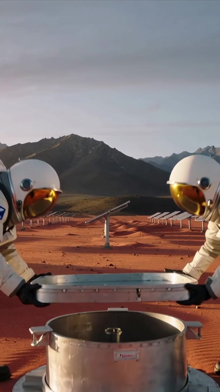 Video verticale: Sollevamento del coperchio sulla sabbia rossa, coppia in tuta che inizia ad abbassare il coperchio su un portello per sigillarlo