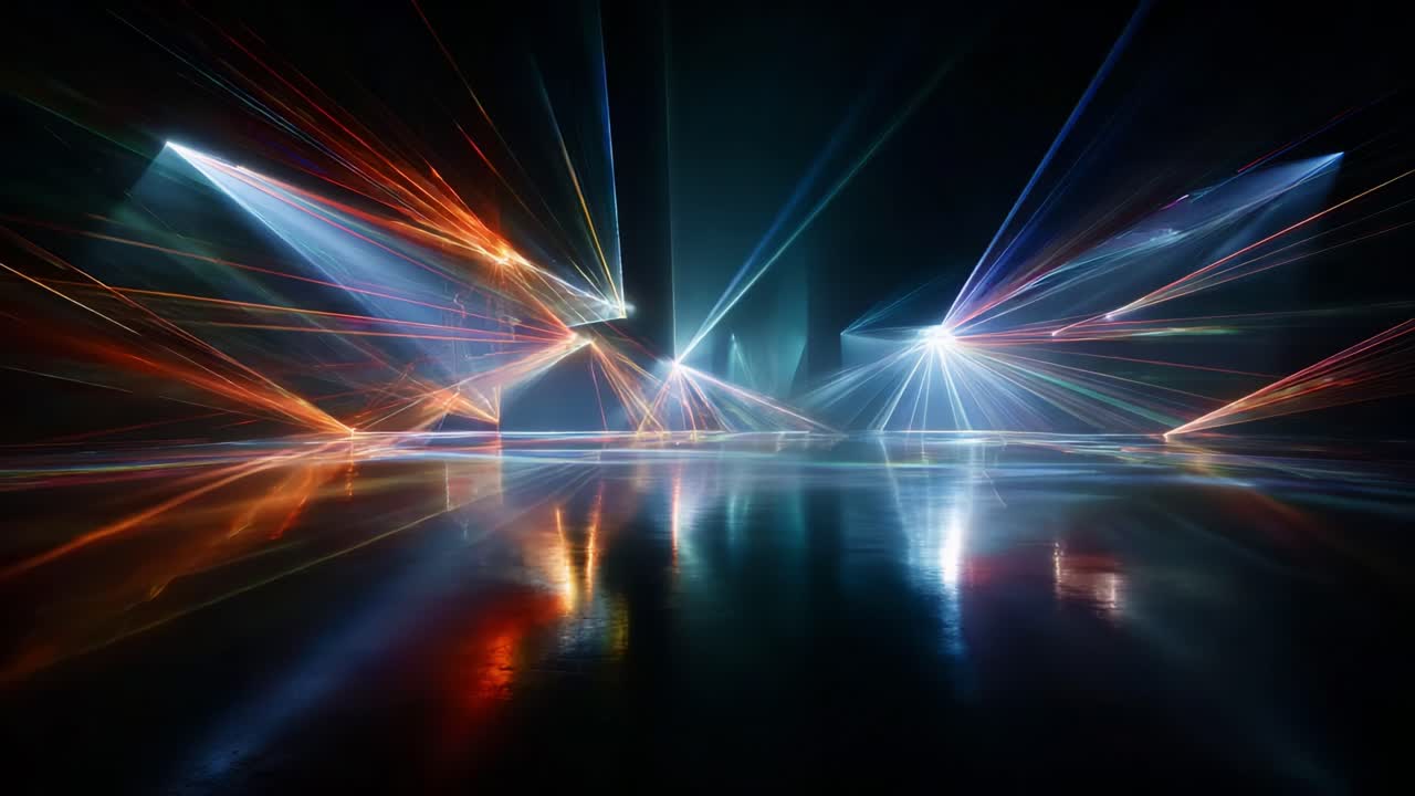 A mesmerizing display of vibrant light beams crisscrossing in a darkened environment, creating an ethereal atmosphere filled with colors and reflections on a sleek surface