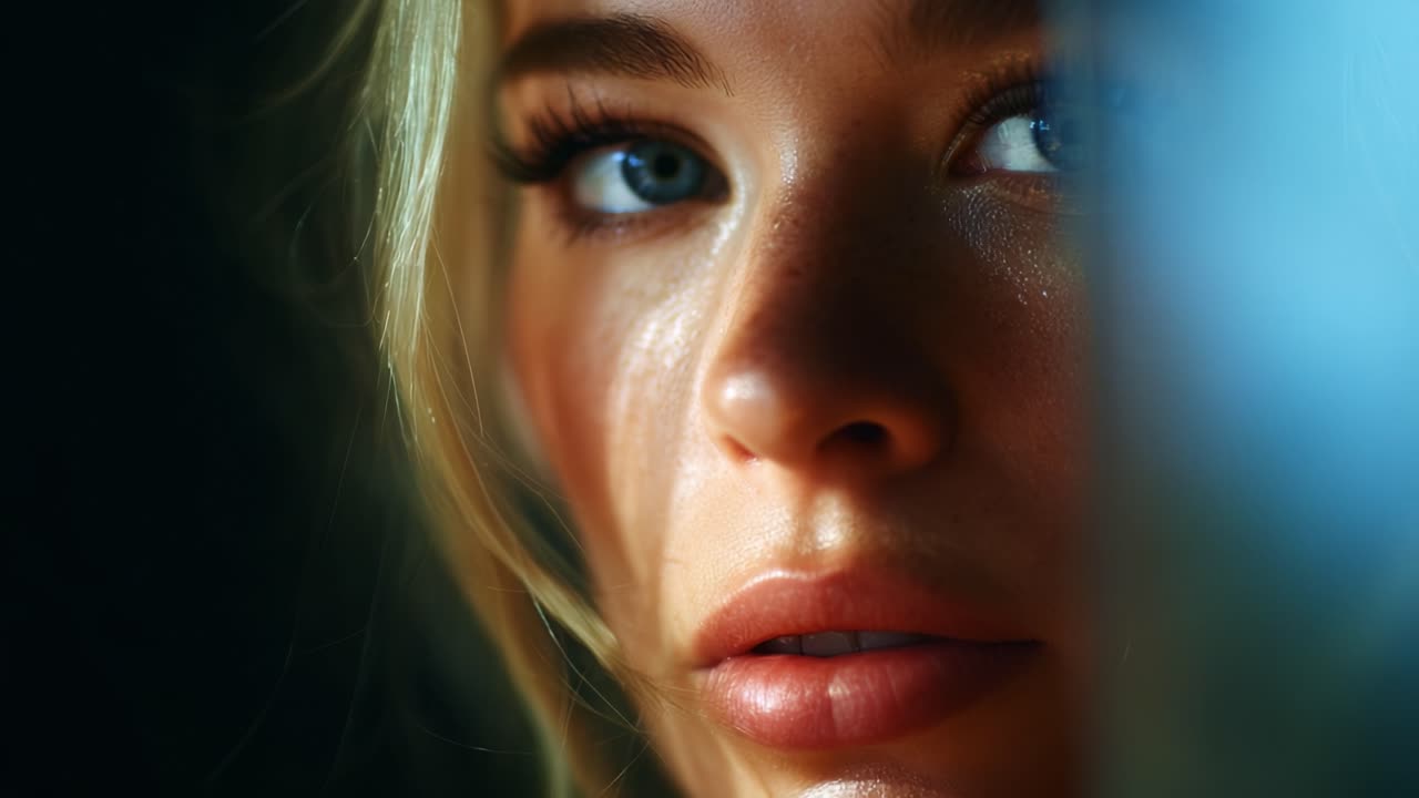 A Captivating Close-Up of a Young Woman's Face Captured in Soft Light, Showcasing Her Striking Eyes, Naturally Flawless Skin, and Subtle Expressions That Evoke Emotion and Intrigue Through the Use of Shadows