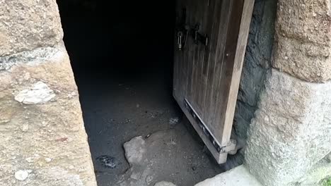 paranormal ghostly orb light floating across old medieval wooden doorway entrance