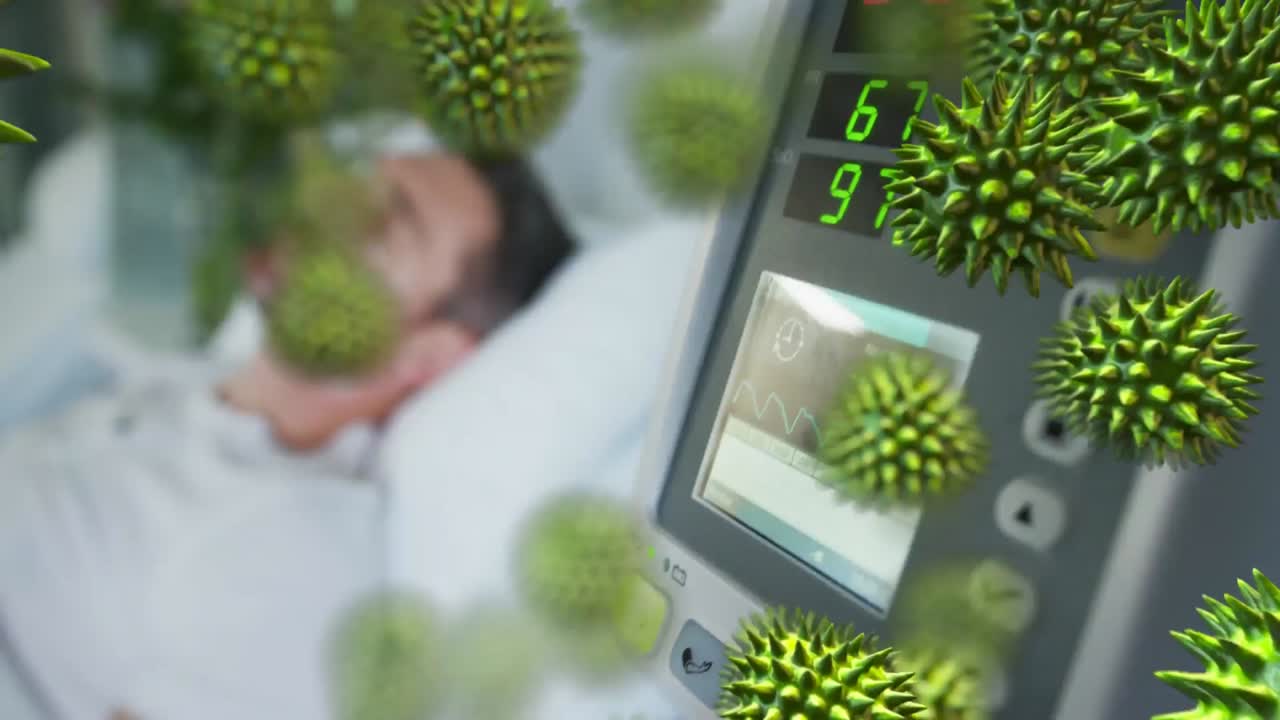 animación del virus de la corona verde con el hombre enfermo en el fondo