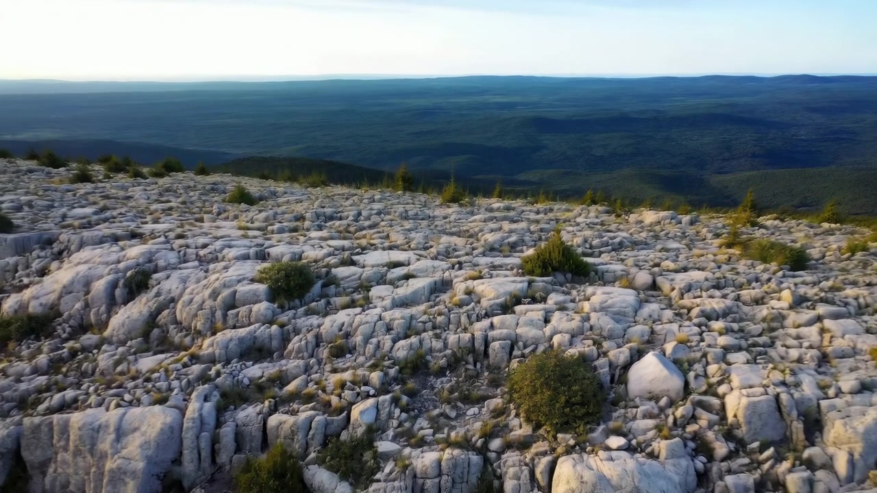 La telecamera si allontana dolcemente da roccia pallida e aspra e arbusti sparsi, allargandosi su un vasto terreno boscoso con basse creste ondulate all'orizzonte sotto un cielo limpido e delicatamente illuminato