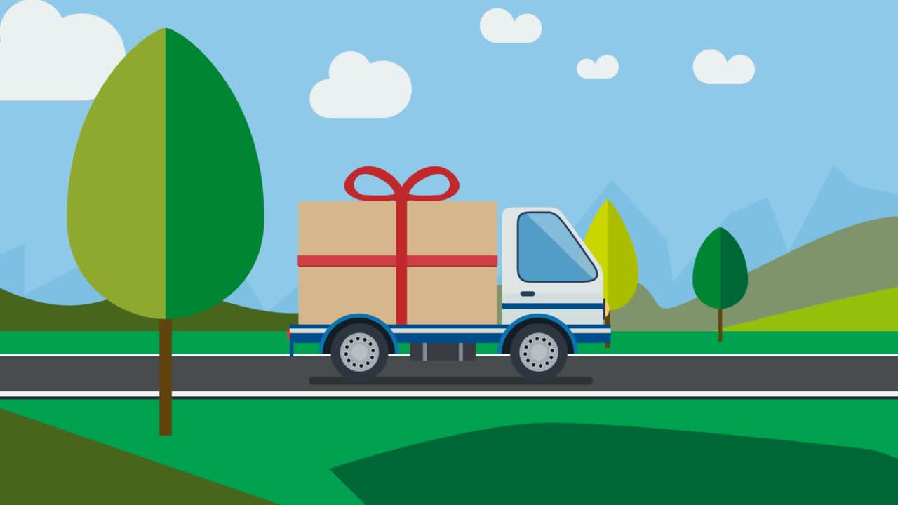생일을 위해 상자를 배달하기 위해 도로에 트럭에 큰 선물 패키지. 애니메이션 일러스트