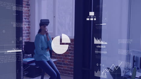 animation of data processing over caucasian businesswoman using vr headset