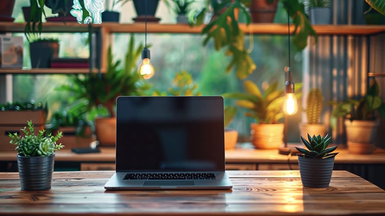 Laptop on a wooden desk surrounded by plants in a cozy home office