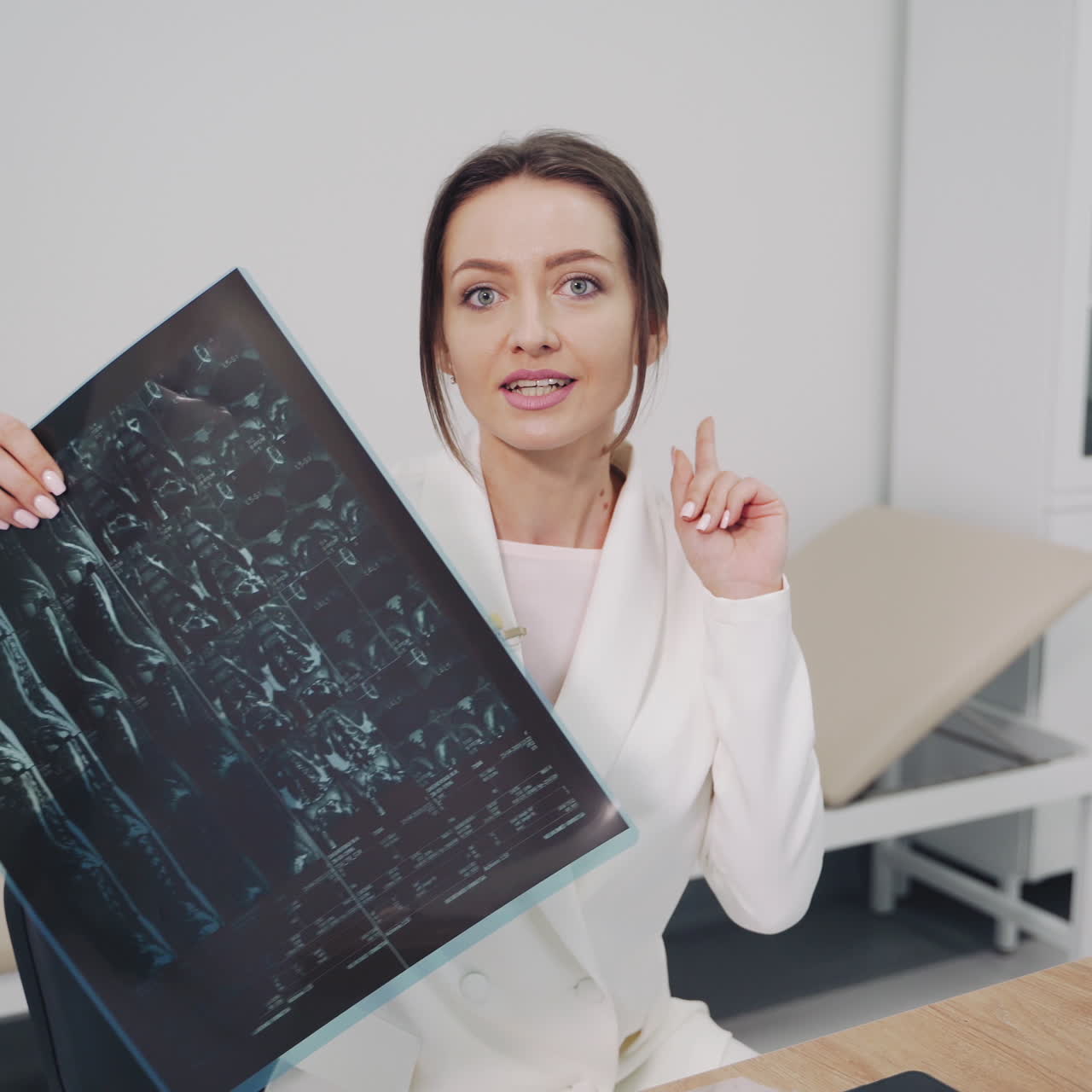 Portrait of a female doctor with x-ray in hospital. Specialist woman in medical uniform holds x-ray photograph and analyzes the results while looking at camera.