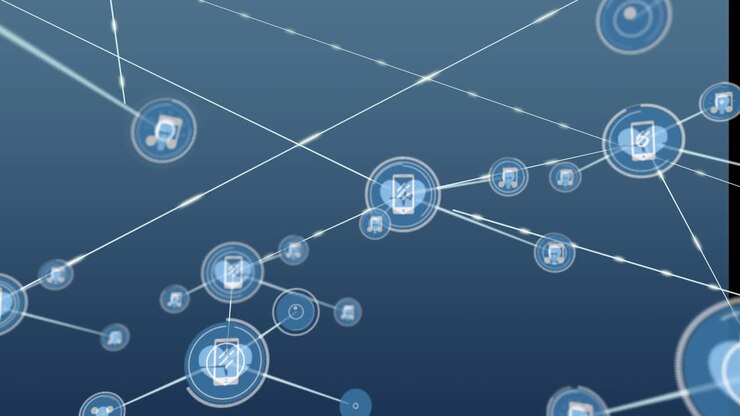 Animazione di una rete di icone digitali su sfondo blu.