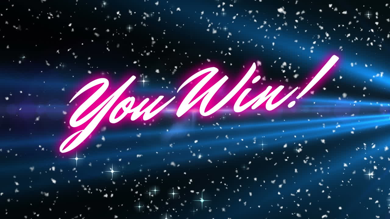 네온 분홍색의 디지털 애니메이션 당신은 빛 트레일과 파란색 배경에 반 ⁇ 이는 별에 대한 텍스트를 승리