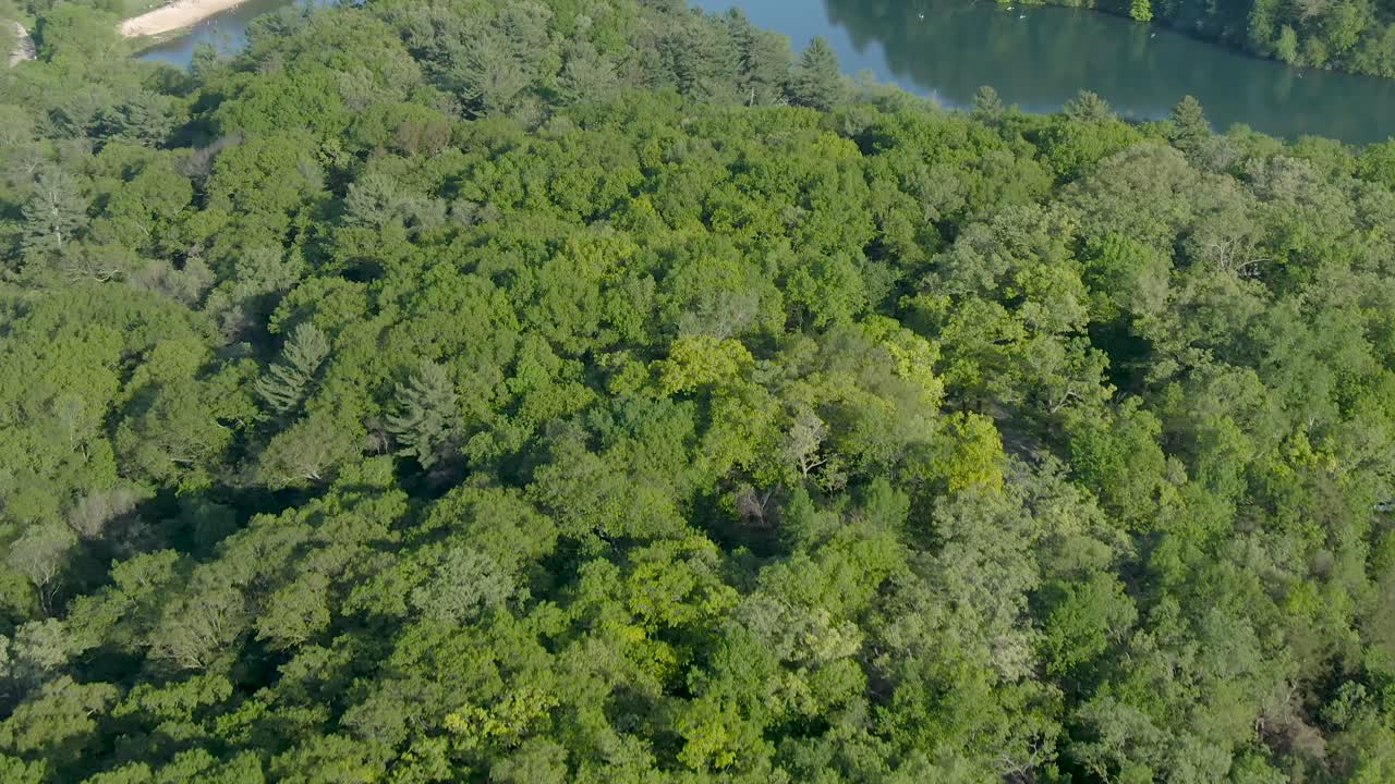 antena creciente inclinación dolly zoom de un lago de montaña durante una calurosa y soleada tarde de verano en wisconsin, ee.uu.