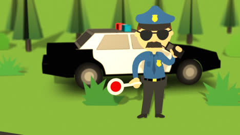 Die-Zeichentrickanimation-Des-Polizisten-Der-Autobahnpolizei.-Der-Gesetzeshüter-Mit-Sonnenbrille-Und-Großem-Schnurrbart-Schwenkt-Seinen-Roten-Lutscher-Und-Spricht-Mit-Dem-Walkie-Talkie.