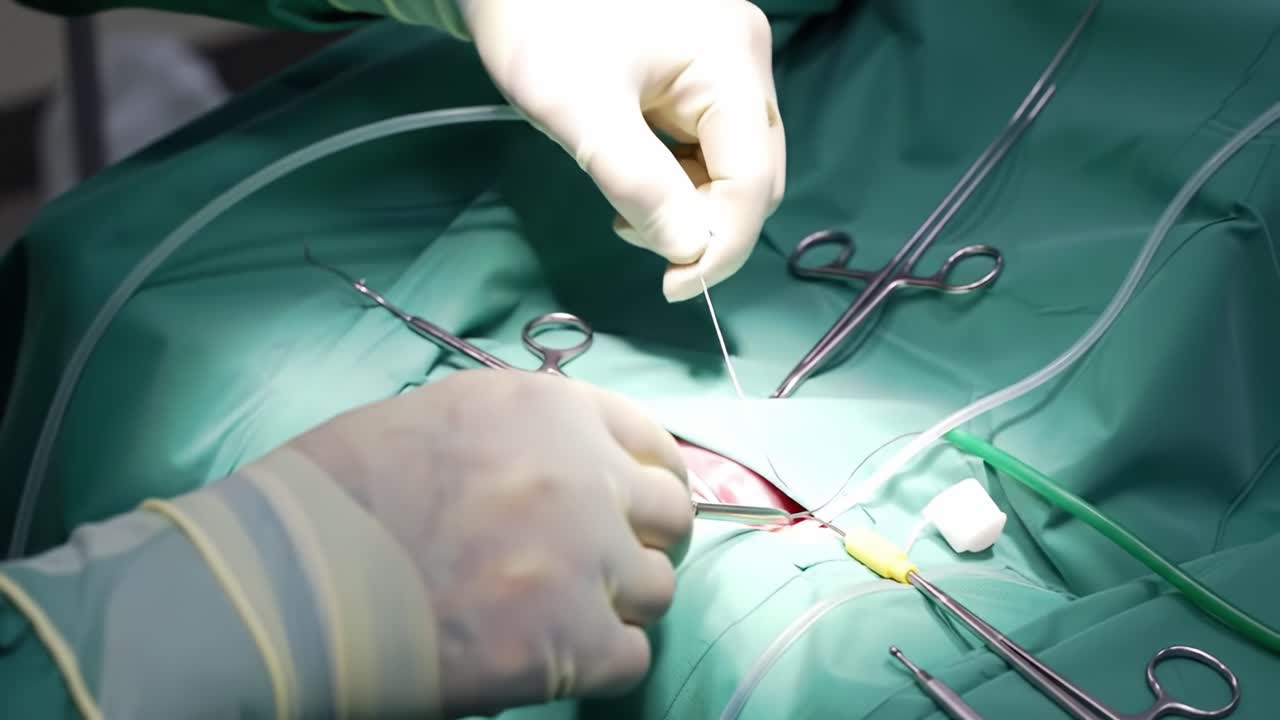 Surgeons in green scrubs work meticulously in a bright operating room, focusing on a complex procedure while using various surgical tools.