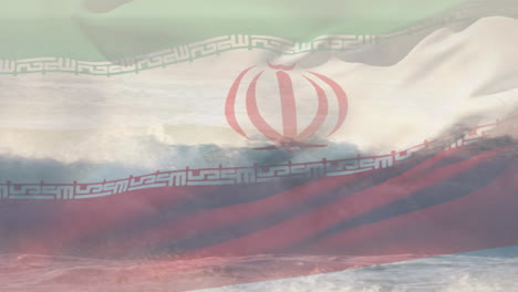 composición digital de ondear la bandera de irán contra las olas en el mar