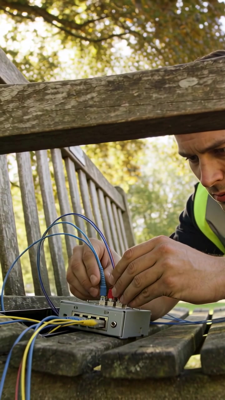 Video vertical: Colocando una caja, técnico con chaleco conectando cables para pruebas en un banco del parque, espacio para texto.