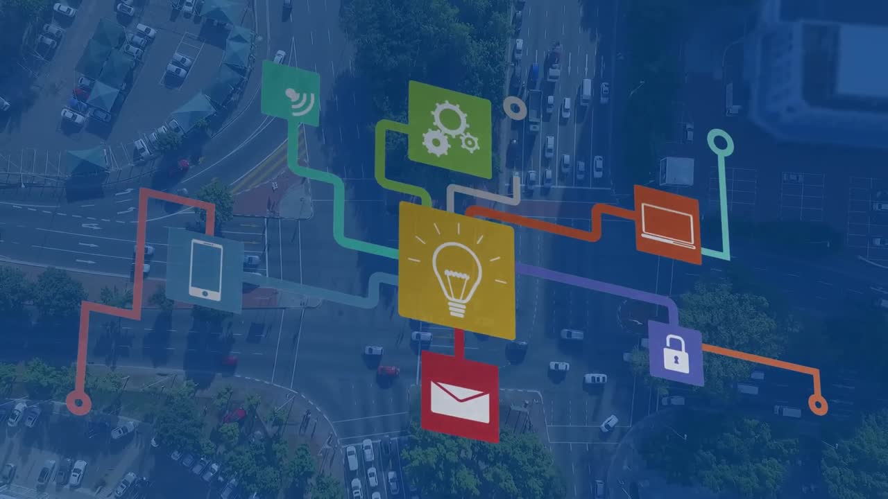 도시 풍경 위의 아이콘으로 연결된 네트워크의 애니메이션