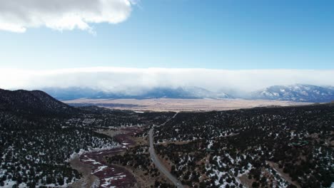 vista de drones de gran altura de una carretera remota en las montañas rocosas con nieve