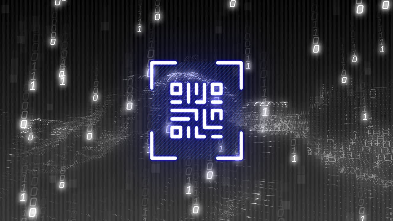 Animation of digital code and binary numbers over abstract 3D landscape