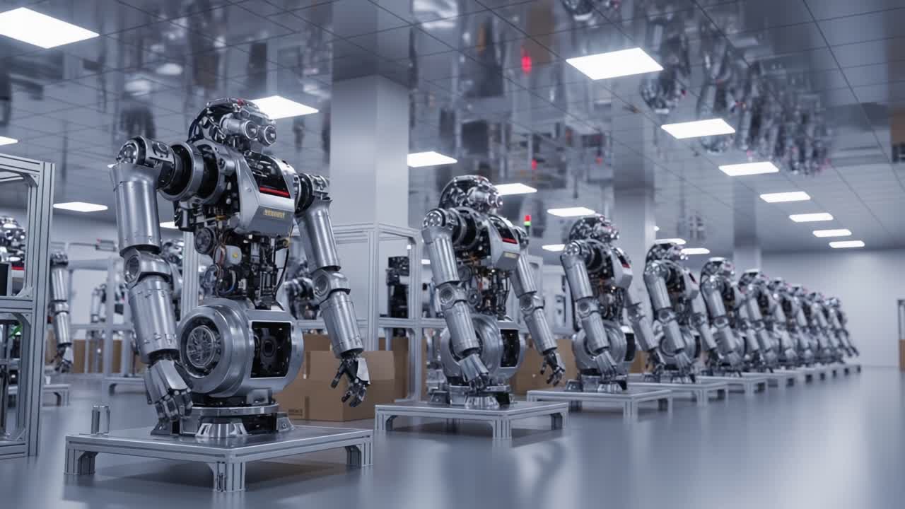 Overview of Advanced Robotics Assembly Line Featuring Humanoid Robots in a Modern Industrial Space with High-Tech Equipment and Reflective Surfaces