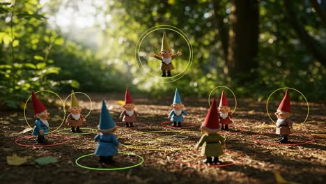 a magical gathering of enchanted garden gnomes in an enchanted forest clearing, displaying their unique colors and playful interactions in a whimsical setting