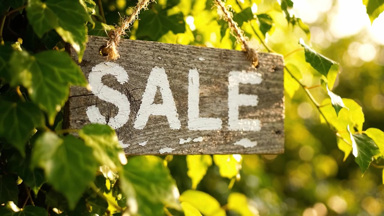 Cartello "Saldi" in Evidenza Circondato da una Vegetazione Lussureggiante: Un Invito a Fare Acquisti e Godere della Bellezza della Natura con un Tocco Rustico