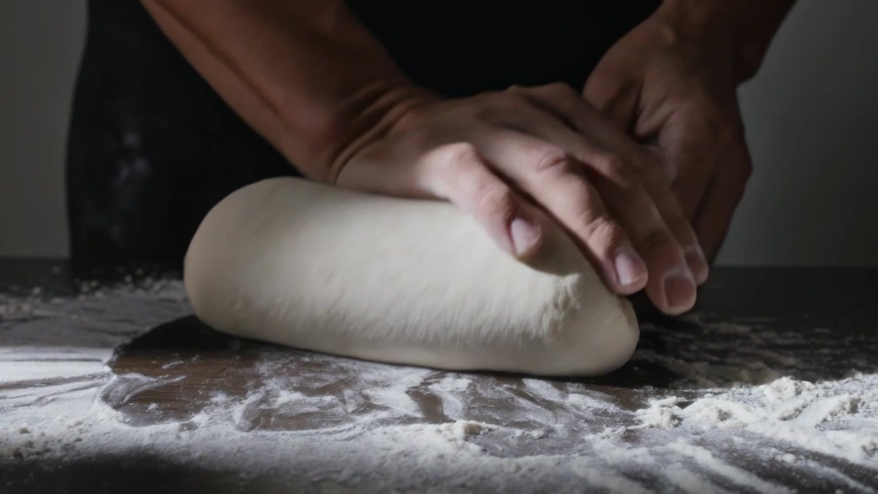 Impastando la pasta, braccia nude che piegano e stendono su un piano di lavoro infarinato, creando una pagnotta compatta, con una maglietta scura.
