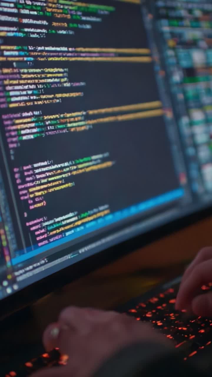 Programátor zabraný do kódování na obrazovce počítače plné barevného kódu, ukazující soustředěnou práci v tmavém prostředí s vylepšeným podsvícením klávesnice
