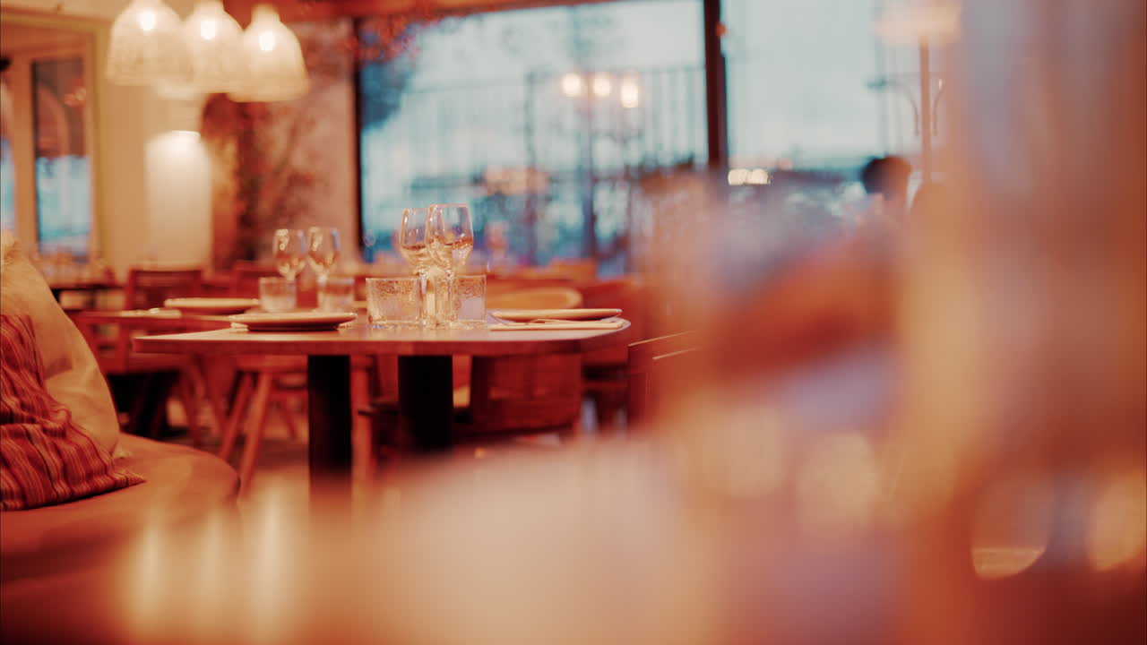 View of set tables and the atmosphere at a restaurant