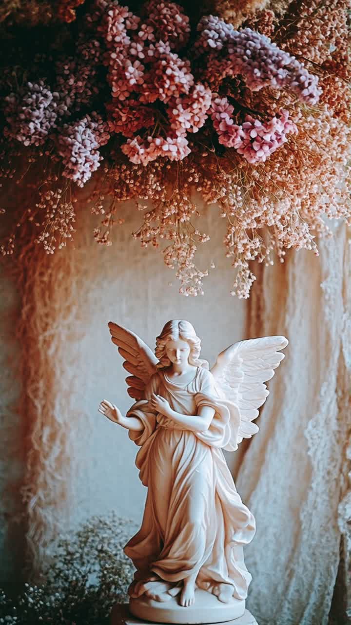 Statua di angelo con lillà e fiori secchi