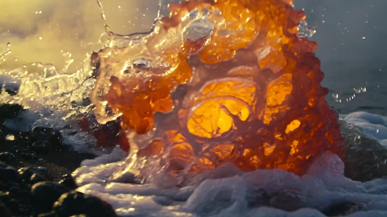 Onda che si infrange spingendo l'acqua su un pezzo di lava incandescente e cavo su una costa di ciottoli neri.