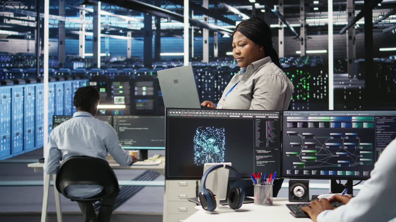 Portrait of joyous server hub technician using AI visualization insights