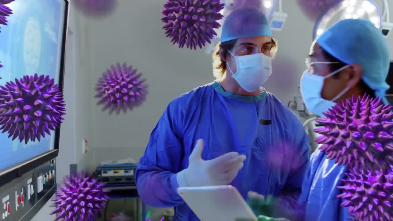 Animación de la propagación del coronavirus Covid-19 con un trabajador de la salud en el fondo.
