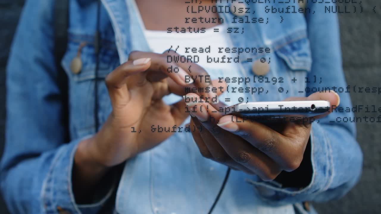 Animation of globe and data processing over hands of african american woman using smartphone