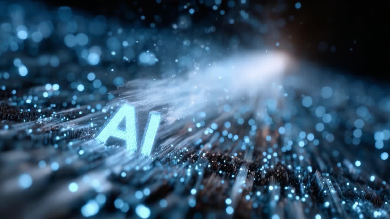 A Dynamic Visualization of Artificial Intelligence with Bright Particles and Motion Blur, Creating an Illusion of Speed and Depth in a Futuristic Context