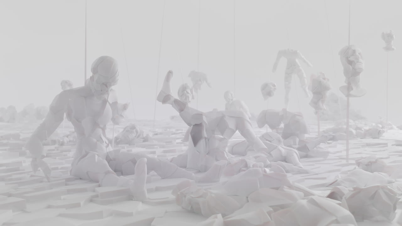 Broken android shells on a foggy junkyard