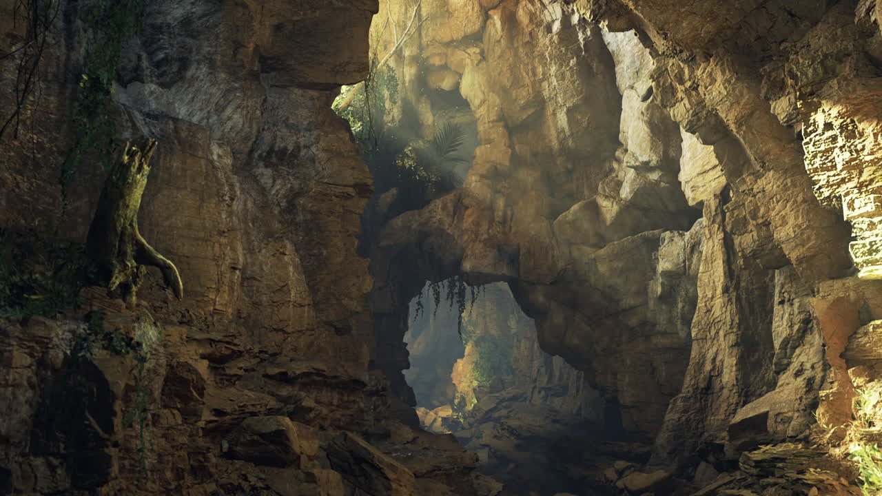 Exploring a hidden cave with intricate rock formations and lush greenery